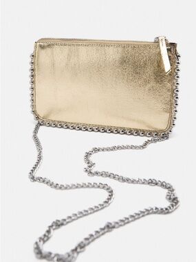 ZARA Gold Metallic Chain Crossbody Bag with Silver Accents
